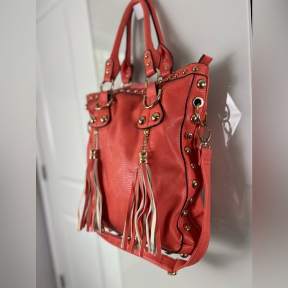 Coral Orange Vegan Leather Gold Studded Oversized Tote Bag With Adjustable Strap - Picture 4 of 16